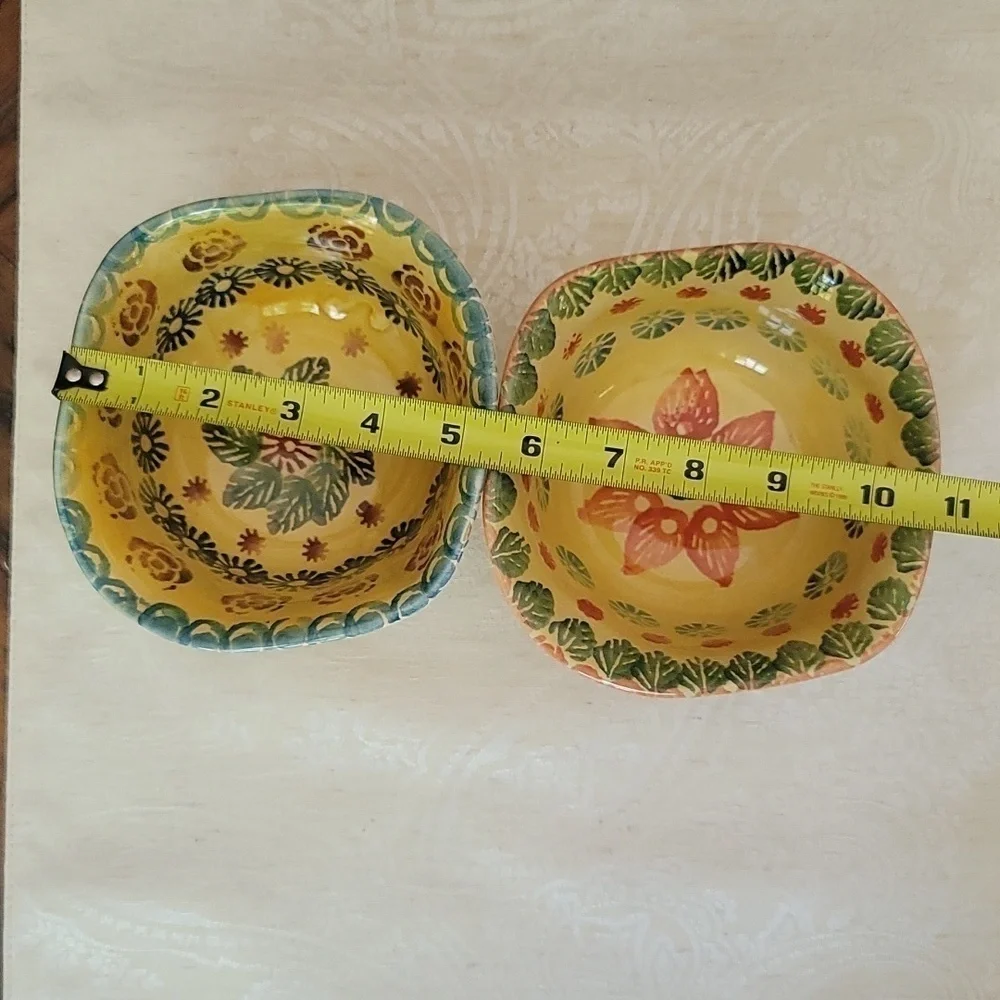 Vintage Hand Painted Pottery Bowls (2) Yellow Floral Print Ruffled Edges 🇮🇹